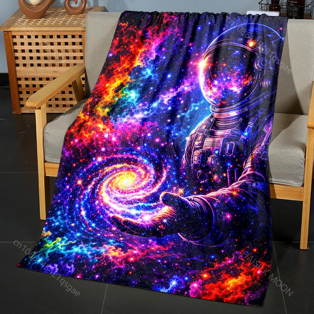 

1PC Astronaut holding colorful galaxy Print Blanket Flannel Material Soft Warm for All Seasons Home Outdoor Camping Picnics RV 75x90cm