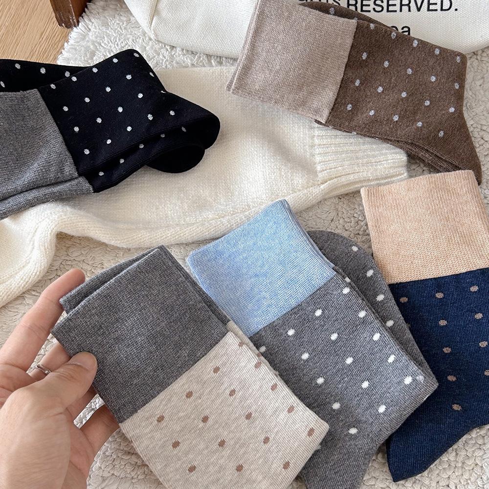 Autumn Winter Gray Polka Dot Mid-Calf Cotton Socks - Japanese Retro Contrast Stacked Socks,  Chic Layering Ankle Socks for Women