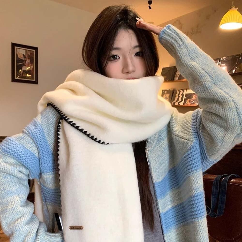Solid Color Lock Edge Winter Scarf Soft Women Warmer Scarf Long Thickened Neckscarf  Christmas