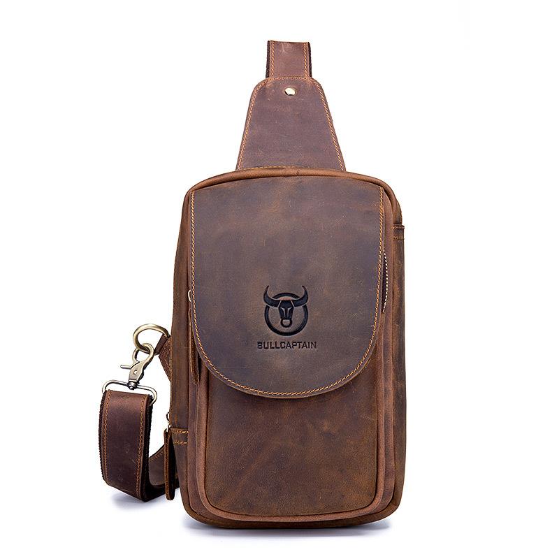 Captain Bull Leather Chest Bag Men s Genuine Leather Retro Crazy Horse Leather Casual Single Shoulder Cross Chest Bag Phone IPad Cow Leather Bag коричневый