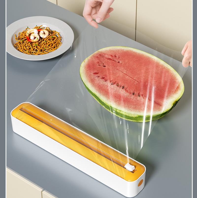 2 in 1 Plastic Wrap Dispenser with Dual Cutter, Adjustable Cling Film Aluminum Foil Paper Cutter Storage Box