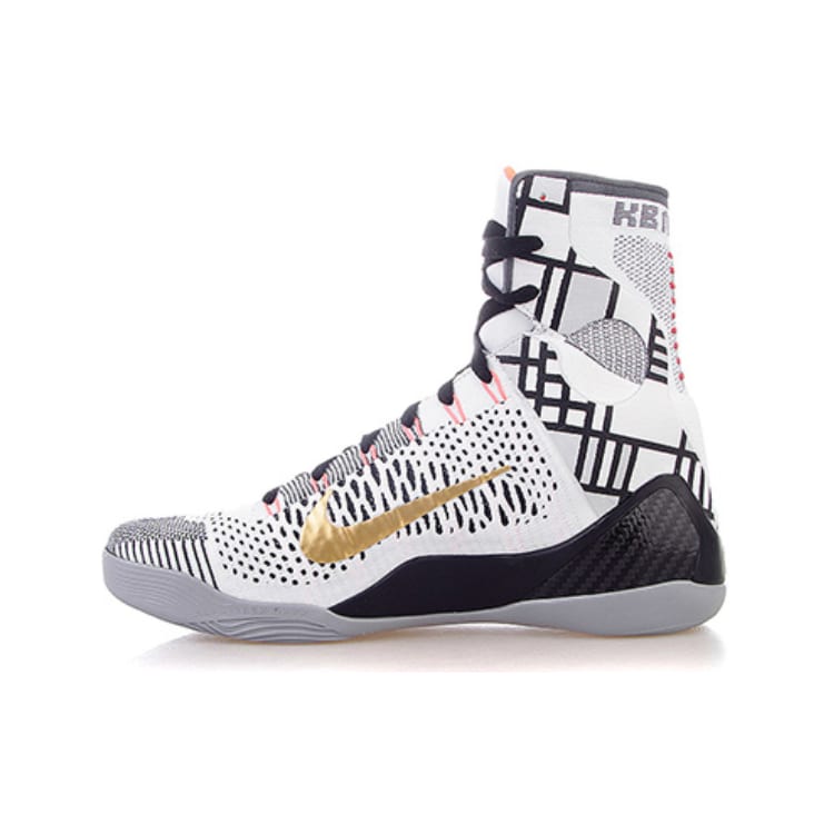 Nike Kobe 9 Elite Gold Fundamentals High top Basketball Shoes Men's White Black Gold 630847-100