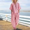 Damen 2-teilige Outfits Lässiges Knopfleisten-Kurzarm-V-Ausschnitt-Oberteil und Lange Hosen Lounge-Set mit Taschen Sommer Locker Passende Sets