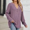 Women's Fashionable Solid Color V Neck Button Long Sleeved Loose T-shirt Top