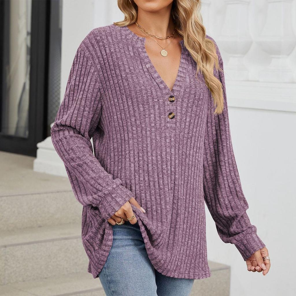 Women's Fashionable Solid Color V Neck Button Long Sleeved Loose T-shirt Top