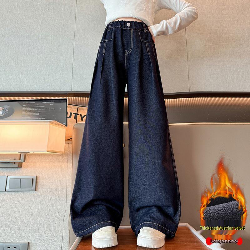 2025 Mädchen Dunkelblaue Weitbeinige Jeans mit Fleecefutter - Stilvolle Herbst-/Winterhose für Mittelschülerinnen