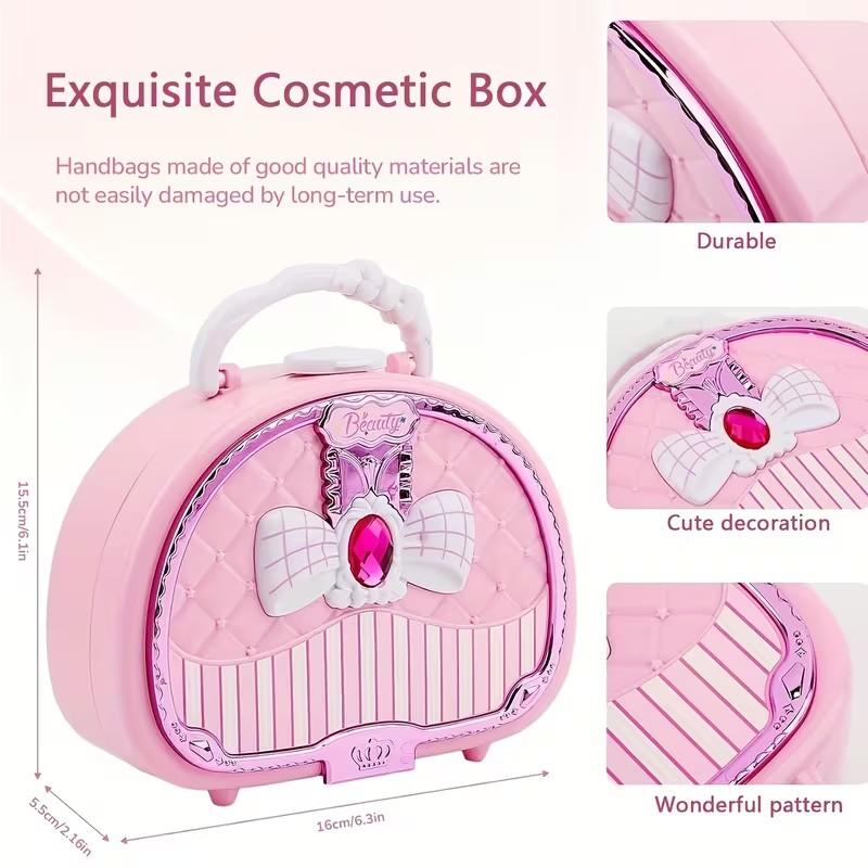 1set Colorful Girls' Pretend Makeup Toy Set - Pink and White Plastic Makeup Case with Mirror, Brushes, and Accessories.