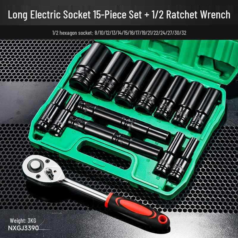 Extended Electric Socket Wrench Set with Large, Medium & Small Hexagonal Air Gun Heads for Auto Repair