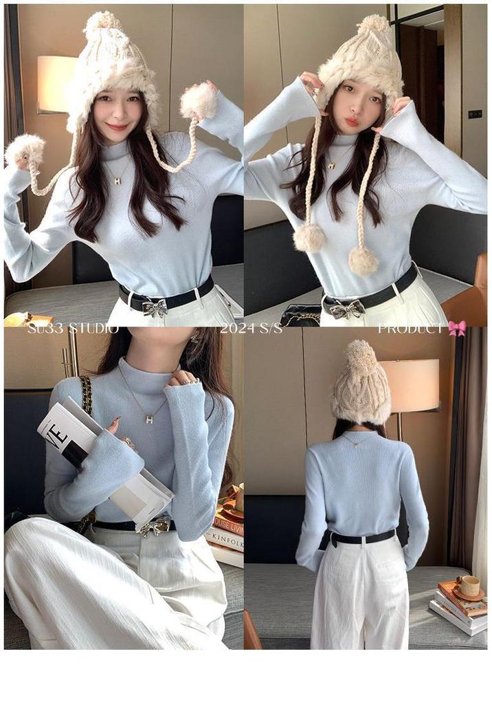Women's Korean Style Soft Semi-High Neck Slim Fit Pullover Knit Sweater for Autumn and Winter