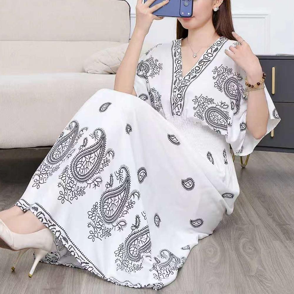 26-Year Floral V-Neck Cotton Silk Batwing Sleeve Beach Dress - Thailand Travel & Vacation Skirt Style