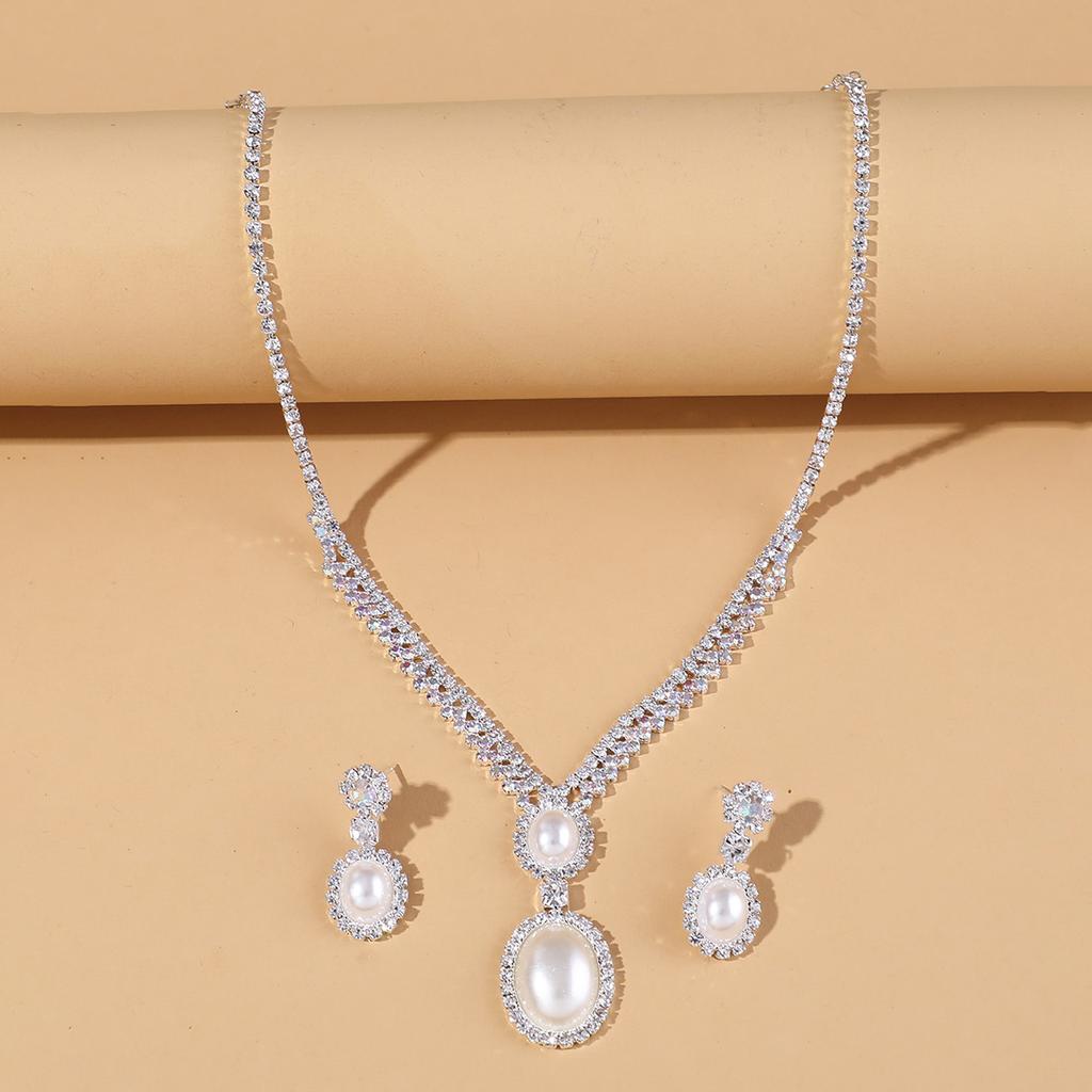 3PC Imitation Pearl Inlaid Rhinestone Women's Earrings Necklace Geometric Design Sense Wedding Party Holiday Gift