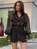 Black Mesh Turn-Down Collar Puff Sleeve Women's Shirt - 2025 New European & American Autumn Fashion