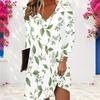 Women Plus Size V Neck Long Sleeve Floral Printed White A Line Dress
