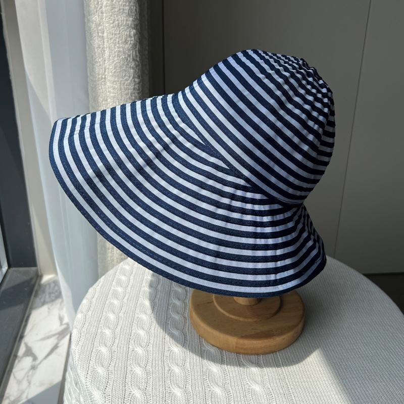 Foldable summer striped bucket hat women's new long sunscreen hat fashion basin hat big head circumference sun hat
