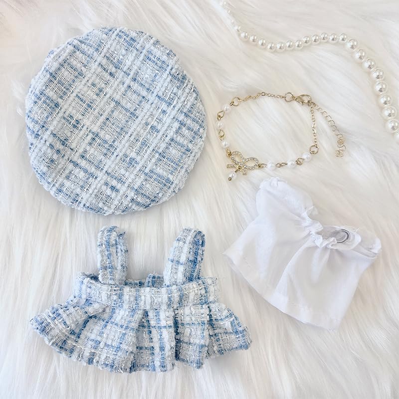 

[Plushie Clothes] Tweed Plush Clothes [For 10-15cm Plush Toys] Dress, Shirt, Beret, Necklace 4-Piece Set Light Blue [Item]