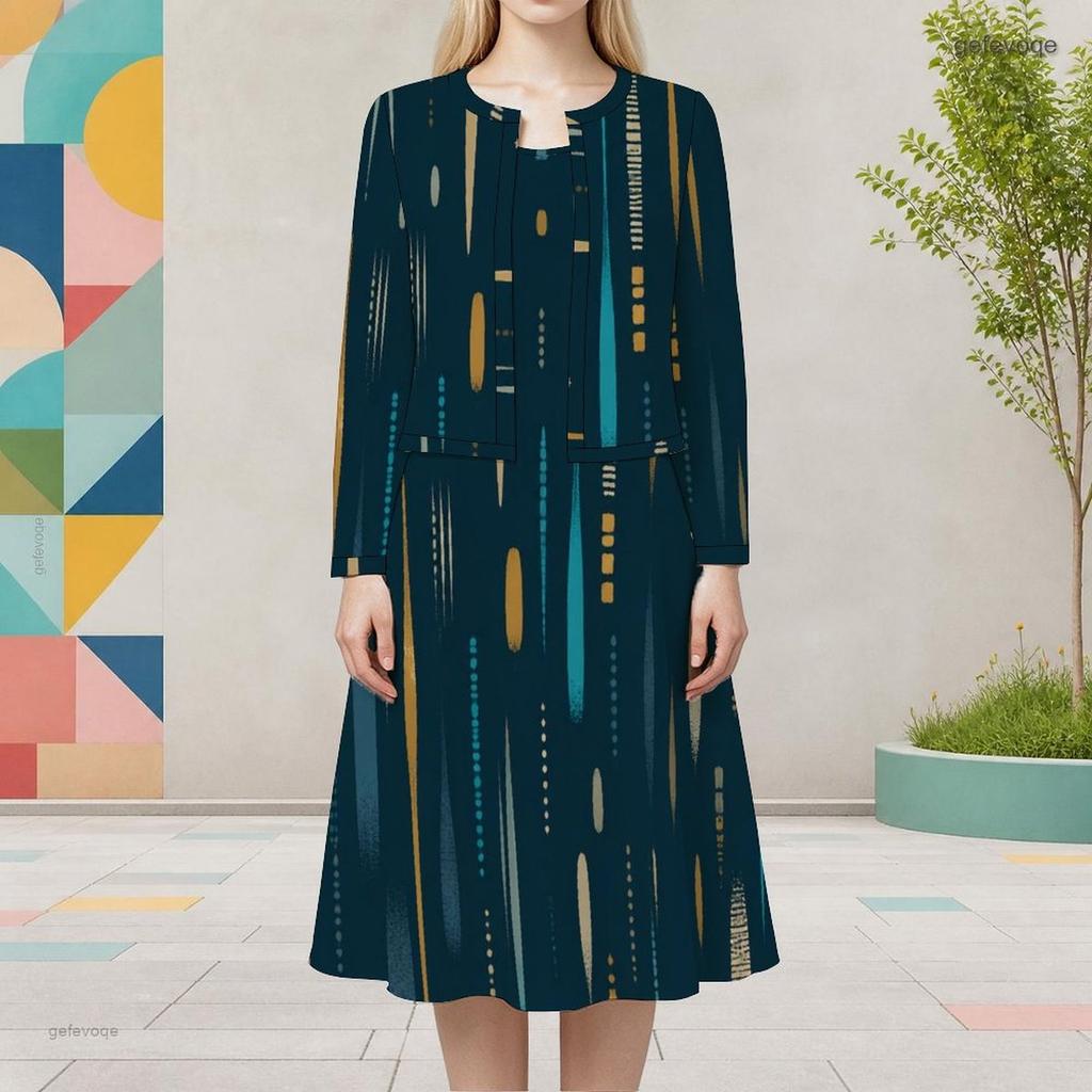 Women Plus Size Printed Two Piece Set Round Neck Long Sleeve Cropped Cardigan Sleeveless Midi Dress