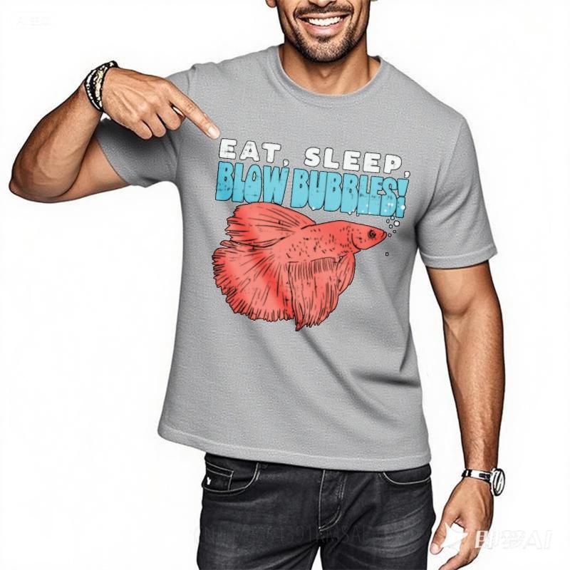 Relaxed Fit Unisex Oneck Tshirt Cotton Eat Sleep Blow Bubbles Fish Art Design Anime Man Top Tees Summer Cotton Teeshirt Unisex