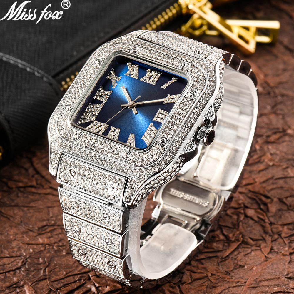 MISSFOX Luxury Diamond Watches for Men Hip Hop Style Bling Bling Iced Out Wristwatch Fashion Square Stainless Steel Waterproof Clock
