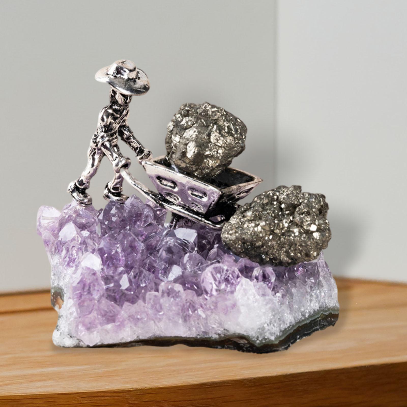 Creative Amethyst Cluster with Miner Figurine Crystal Model Geode Decoration Craft Statue