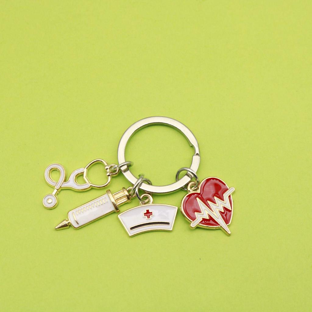 Doctor & Nurse Keychain with Cap, Syringe, Stethoscope & Heartbeat Charms