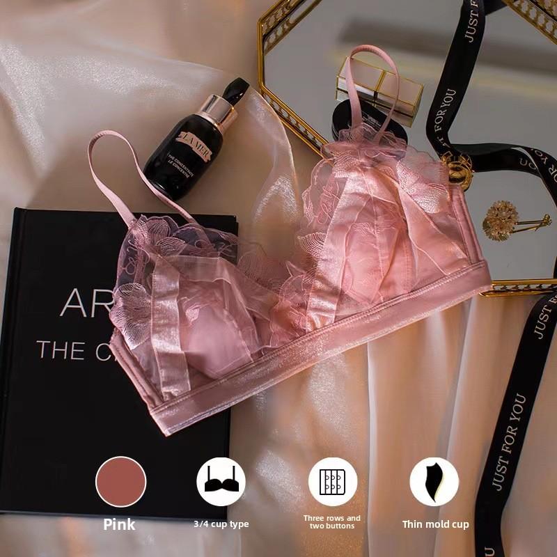 Coquette French Lace Wireless Bra Set, Summer Naked Feel Breathable Thin Cup Bust Minimizer Full Bust Women Lingerie Set