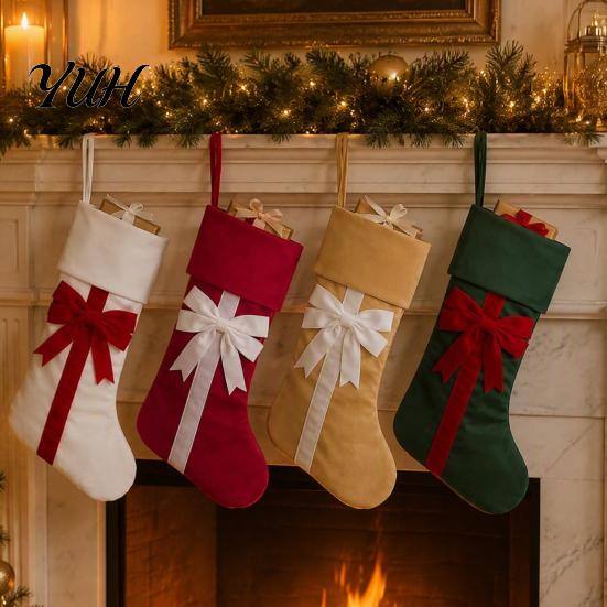 Holiday Home Decorations Christmas Stockings with Bow, 18 Inch Large Velvet Plush Cuff, Gift Storage Bags Hanging Decor for Fireplace And Candy Retro