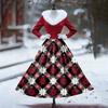 Women's Casual Dress Long-Sleeve V-Neck Patchwork Fleece Christmas Print Dress