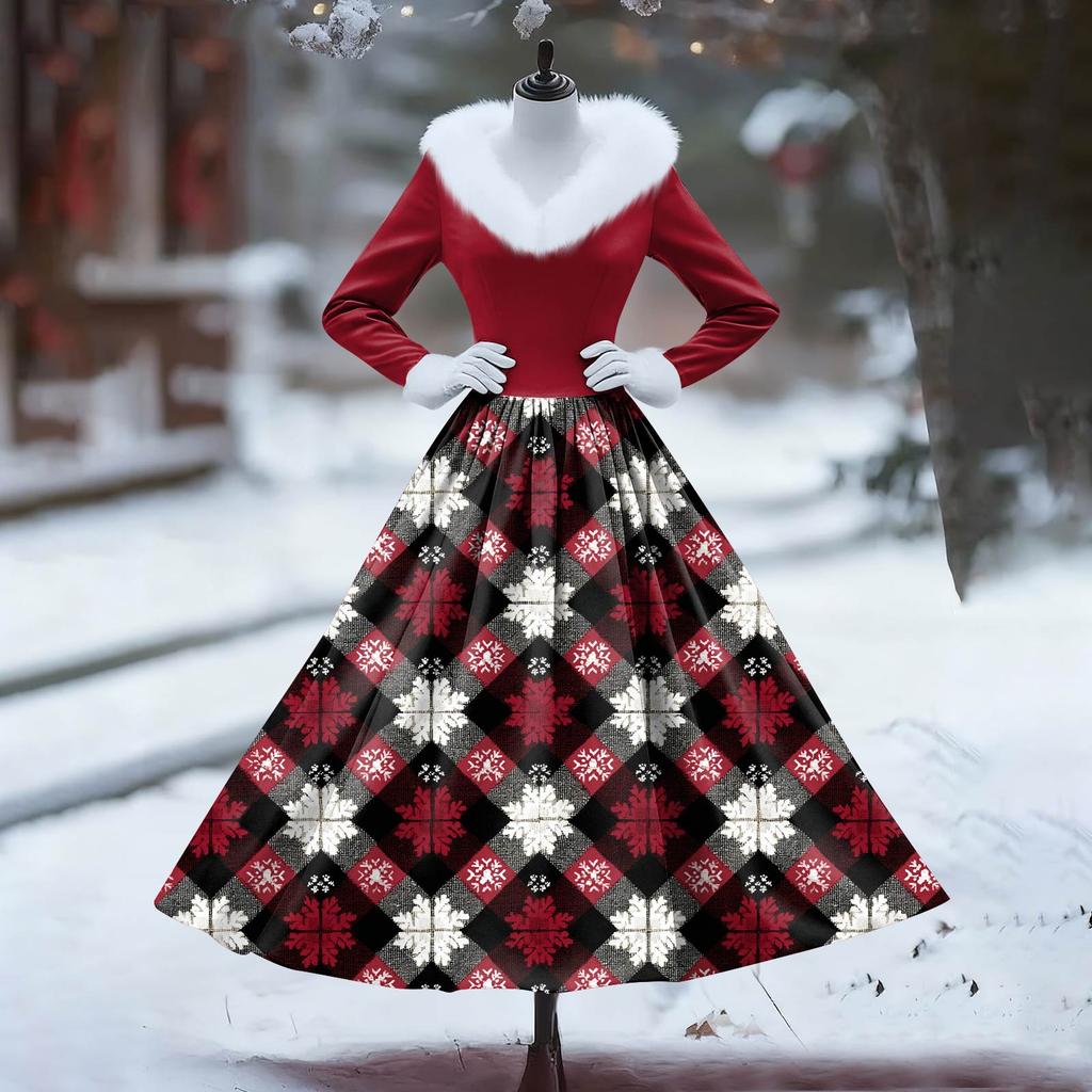 Women's Casual Dress Long-Sleeve V-Neck Patchwork Fleece Christmas Print Dress