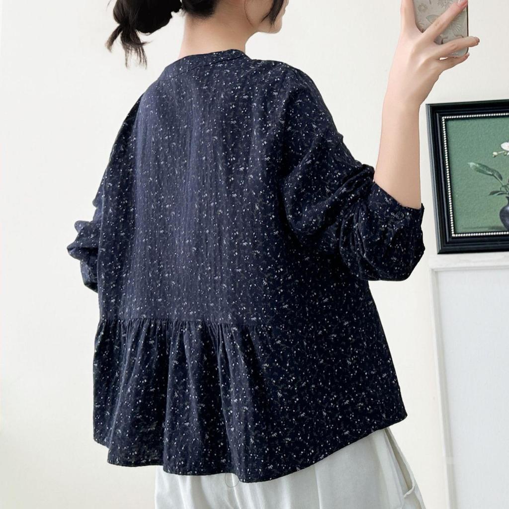 2026 Early Spring Double-Layer Floral Cotton Gauze Women's Long Sleeve Loose Casual Doll Shirt