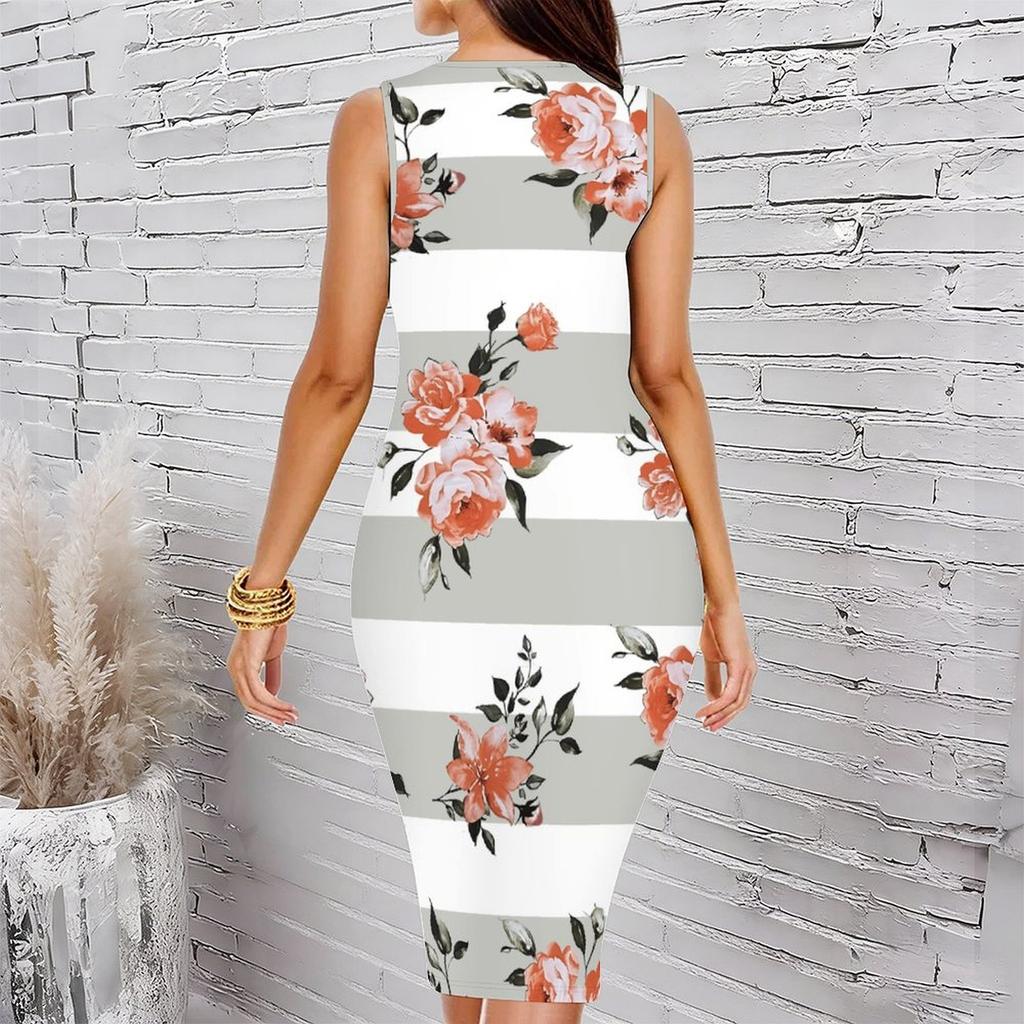 Women Plus Size Sleeveless Round Neck Midi Bodycon Dress White Base Blue Floral Print Slim Fit Dress