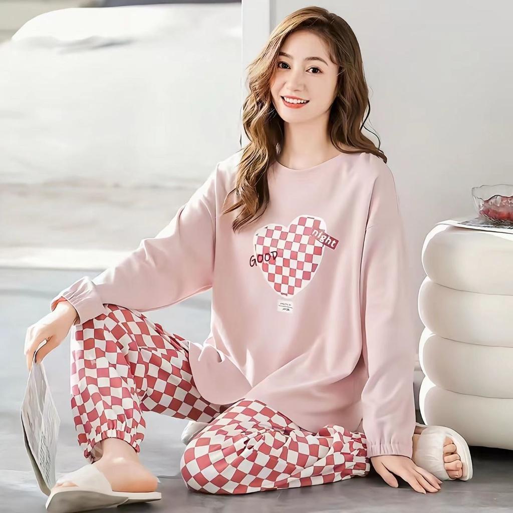 2PCS/Set Large Size Women Pyjamas Plaid Can Be Worn Outside Homewear Girl Long-Sleeved Sleepwear Casual Breathable