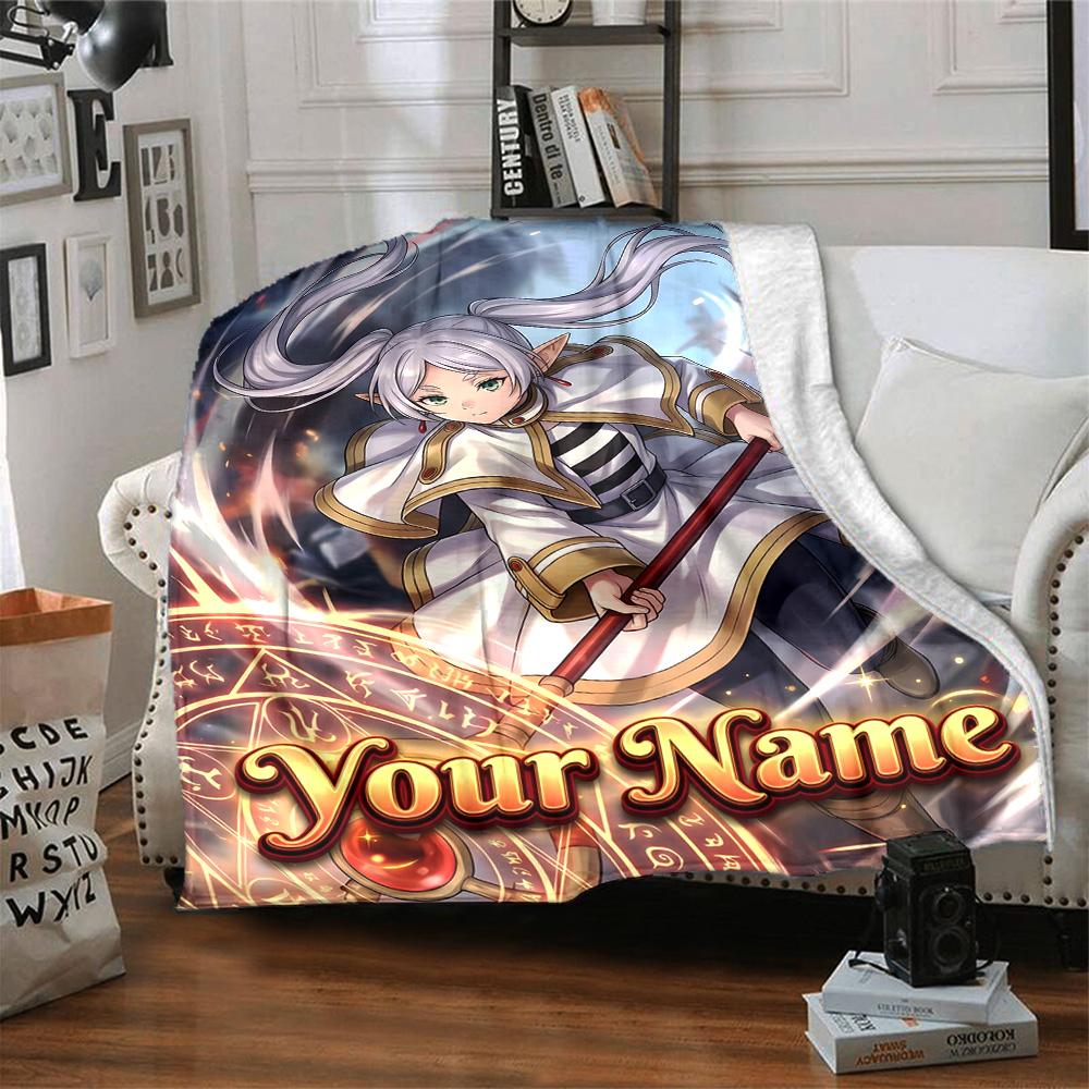 1pc Frieren Blanket with Custom Name, Gift, for Men and Women, Soft Blanket, Good for Sofa Bed Couch Travel, Lightweight Flannel Blanket