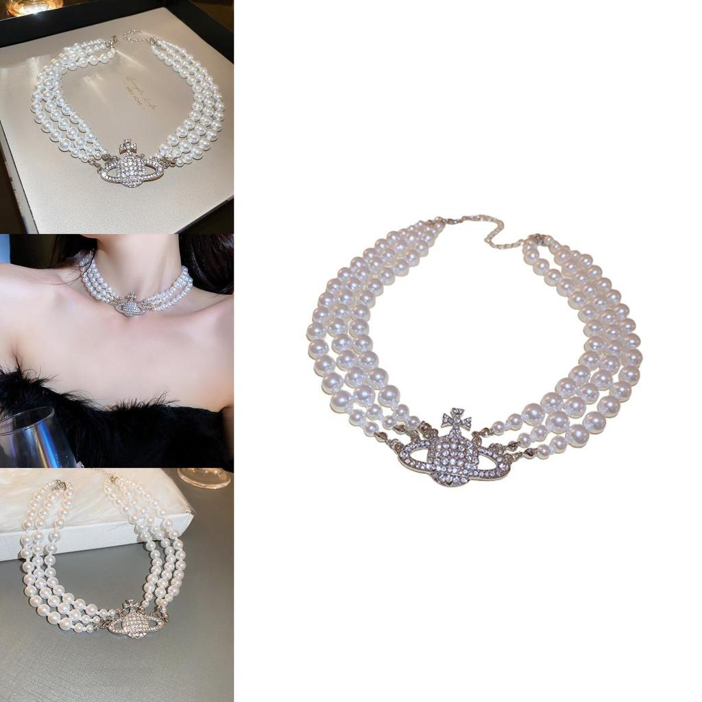 High-end Korean Style Multi-layered Pearl Necklace With Saturn Pendant