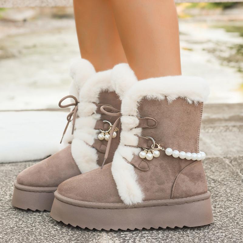 Non Slip Thick Bottom Furry Snow Boots Women 2025 Winter Pearl Bead Fluffy Fur Ankle Boots with Platform Warm Plush Suede Shoes