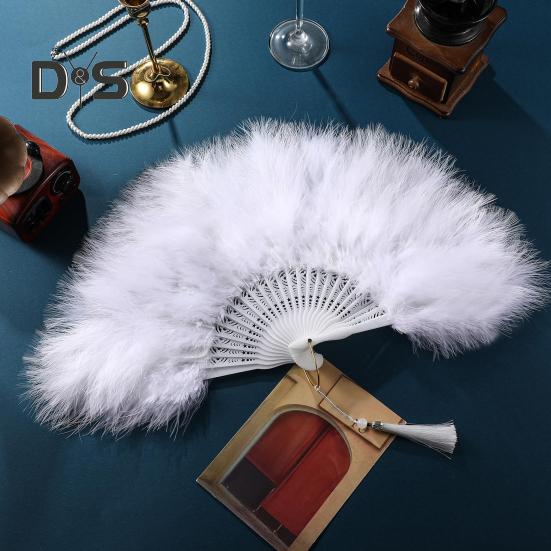 Vintage Feather Folding Fan Wedding Party Bride Hand Held Fan Portable Summer Fan Decoration Dance Performance Props Party Accessories