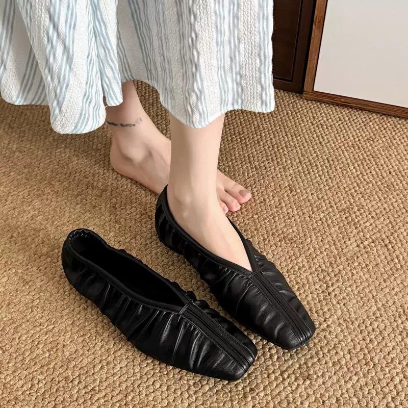 Trend apricot French square head pleated flat-soled single shoes fairy 2025 fairy wind ladyshoes versatile work shoes milk