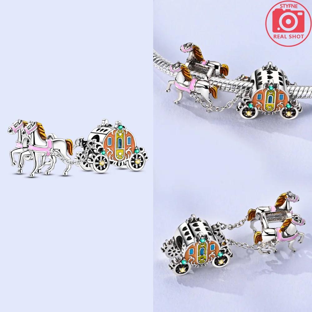 Genuine Fairy Tale White Horse Pumpkin Cart Windmill Universe Beads Fit Bracelet Jewelry Charms Authentic Copper Women DIY Style Wedding Gifts