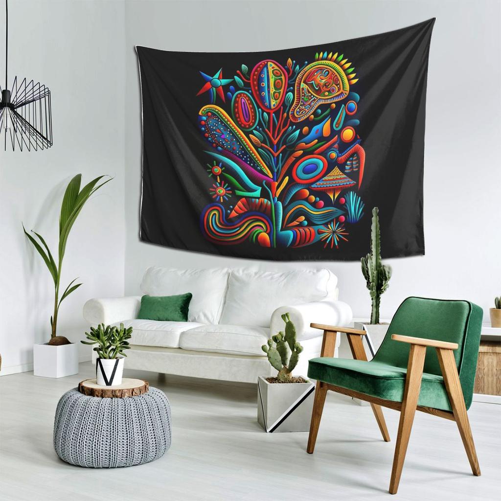 Huichol Mexican Yarn Painting Style Throw Cushion Tapestry Art Aesthetic Tapestries for Bedroom Home Wall Cloth Wall Hanging