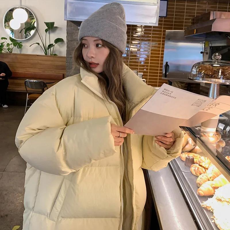 Dámský dlouhý bavlněný kabát Dámská zimní bunda Korejská dámská péřová bunda Volné tlusté dlouhé péřové kabáty Puffer Jacket Ženy