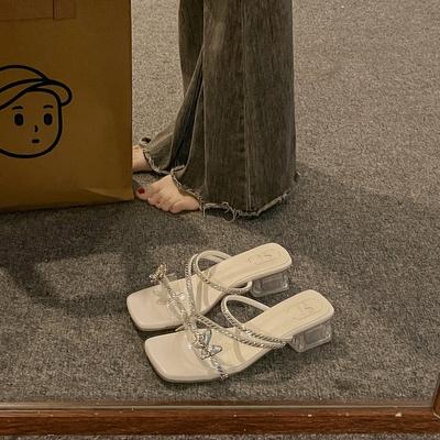 High Heels New Shoes Flip-flops Square Toe Thick-heeled Slippers