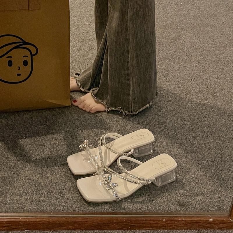 

High Heels New Shoes Flip-flops Square Toe Thick-heeled Slippers 35 срібний