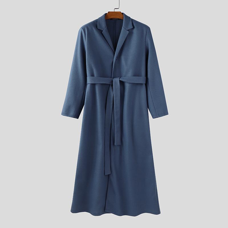 INCERUN Winter Autumn Men Long Sleeve Long Coat Belt Waist Casual Woolen Overcoat