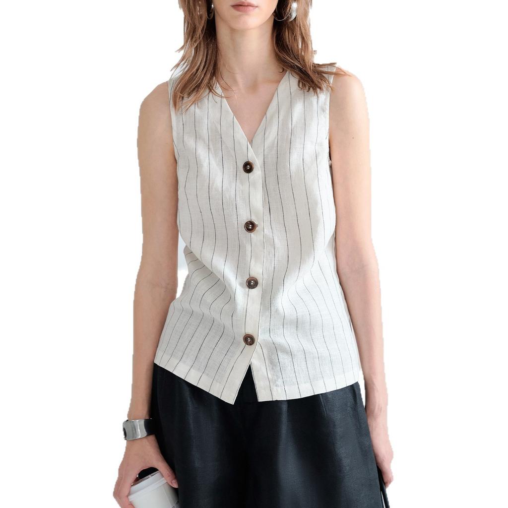 [Limited Time Special Offer] Old Money, Exquisite Linen Vest, Striped V-Neck Sleeveless, Top Women's Summer Front Button Shirt