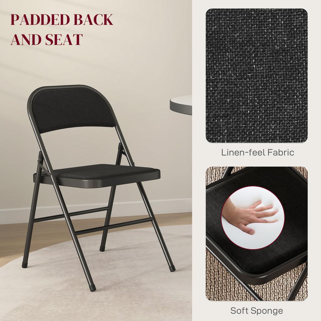 Linen-Look Set of Four Cushioned Folding Chairs - Black