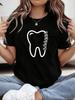Casual Short-Sleeve Crew Neck T-Shirt Featuring a Minimalist Tooth Line Graphic, Perfect for Summer And Spring, Designed for Women