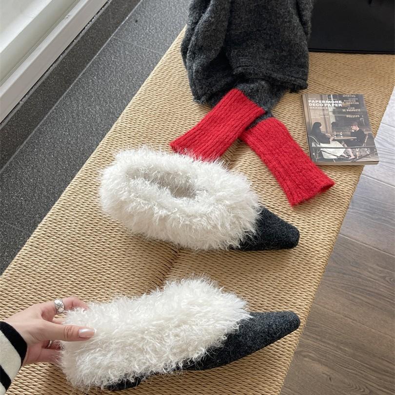 Korean Version of Square Head Plush Shoes Single Shoes Women's 2025 Warm Cotton Shoes French Thick Heel Retro Black Small Leather Shoes