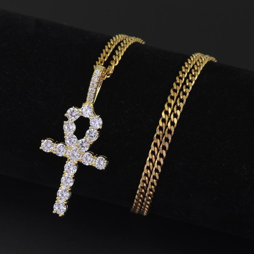 CN019 Hip Hop Anha Cross Pendant with Cuban Chain Brass Setting CZ Stones Necklace Jewelry for Men and Women