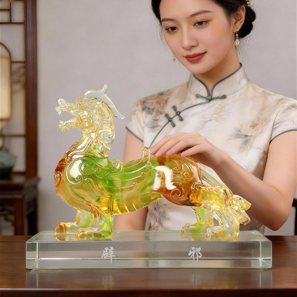 Aris & Juno Colorful Fortune LIULI Pixiu Figurine Handcrafted Oriental Classical Chinese Wealth Guardian Statue with Crystal Base for Home Office