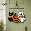 Outdoor Holiday Decoration Halloween Wooden Door Sign, Pumpkin Ghost Boo Black Cat Welcome Waterproof Wood Sign for Trick or Treat Party Indoor Porch