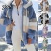 Women Jacket Autumn Winter Lady Cardigan Coat Thickened Plush Hooded Collar Drawstring Loose Windproof Colorblock Patchwork Long Sleeves Full Zipper